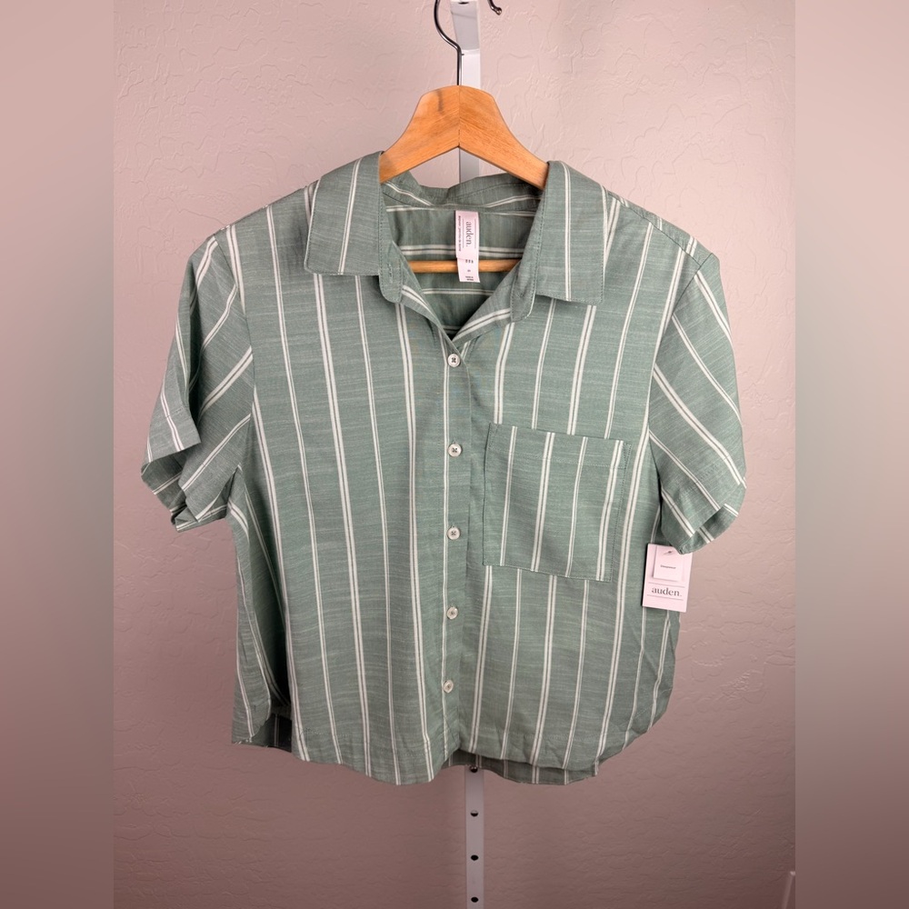 Auden Women’s Sleep Top Green White Stripe Button Front Size S NWT